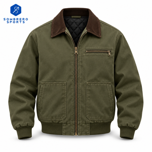 Blouson bomber homme vert olive SOMBRERO SPORTS en toile avec fermeture éclair, col rabattable, coupe-vent décontracté pour l'automne - Product Image 1