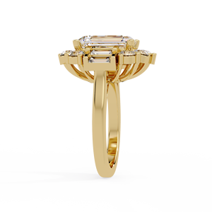 Art Deco Jewelry 14K Solid Gold Emerald Cut Lab Grown Diamond IGI Certified Round & Baguette Cluster Diamond Engagement <b>Rings</b> - Product Image 3