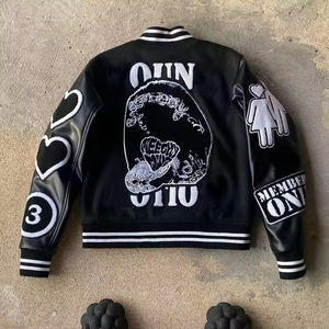 Veste universitaire noire en PU Meechy Club avec logo brodé, style streetwear, coupe classique pour homme, col rabattu, style automne - Product Image 2