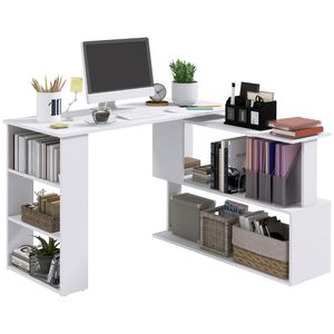 White L-Shaped Corner Computer <b>Desk</b> with 360 Degree Rotation Home Office <b>Workstation</b> Featuring Storage Shelves for Writing Work - Product Image 1