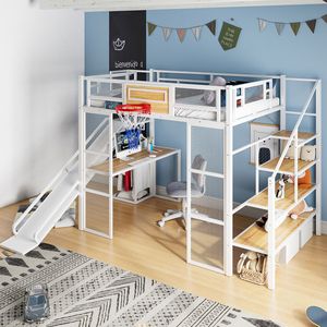 White <b>Full</b> Size Loft <b>Bed</b> with Built-in Desk Open Wardrobe Basketball Hoop Slide & Staircase-Kids' Furniture <b>Set</b> with 3.14 ETA - Product Image 3