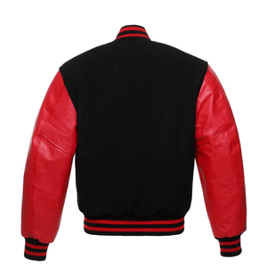 Scarlet <b>Red</b> Sleeves-Black Body Varsity Bomber Jacket with Stand Collar Patchwork Design Wool <b>Material</b> Unisex Winter Outerwear - Product Image 1
