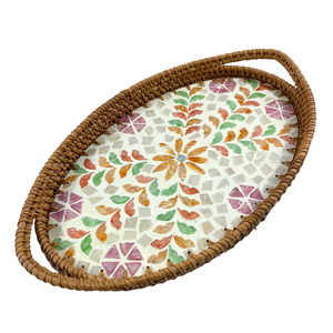 Plateau de service ovale en rotin rustique vintage élégant fait à la main, incrustation de capiz MDF, motif géométrique décoratif pour la décoration de la maison et de la cuisine - Product Image 4