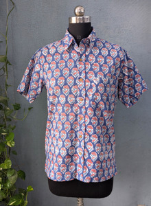 เสื้อเชิ้ตแขนสั้นผู้ชายพิมพ์ลายดอกไม้ลำลองสีน้ำเงินลายสีแดงคอปกพับฤดูร้อนผ้าฝ้ายระบายอากาศได้ - Product Image 4