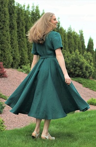 New Arrival Green Cotton Kaftan Formal V-neck Short Sleeve Midi <b>Dress</b> <b>Below</b> <b>the</b> <b>Knee</b> Wedding Guest <b>Dress</b> for Women - Product Image 3