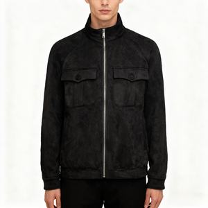 Chaqueta de Cuero para Hombre, Cuello Alto, Cierre de Cremallera, Estilo Casual para Otoño, Corte Regular, Color Sólido, Bolsillos con Botones - Product Image 3