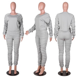 Conjunto Deportivo de 2 Piezas para Mujer, Color Gris, con Detalles Fruncidos, Manga Larga, Cuello Redondo, Estilo Casual, Tejido Elástico de Spandex y Poliéster - Product Image 6