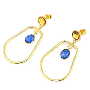 Pendientes Colgantes de Metal de Latón Chapado en Oro de 24K con Diseño Vintage, Corte a Cuadros, Citrino, Zafiro Azul, Hidrocuarzo y Formas Fantasía, Venta al por Mayor - Product Image 2