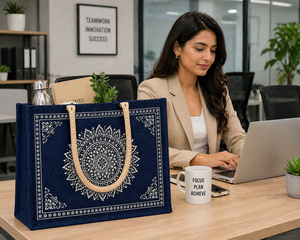 Sac fourre-tout en jute bleu marine imprimé mandala avec poignée en corde, écologique, réutilisable, pour la plage ou le shopping, design ethnique, logo personnalisé - Product Image 2