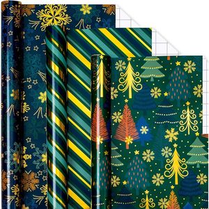 Carta da Regalo Natalizia Vintage Blu Navy con Fiocchi di Neve, Albero Verde Smeraldo e Design a Strisce Dorate, 17 Pollici X 120 Pollici per Rotolo - Product Image 1