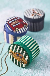 Round Beaded Jewelry Box with Embroidered Lid Design in Blue Pink Navy Colors Elegant Storage for Accessories - Product Image 3