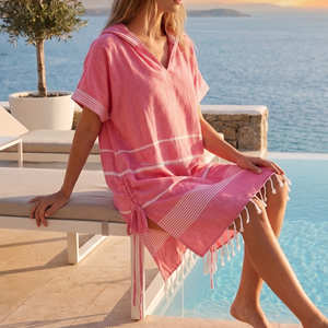 Poncho de plage à capuche beige, serviette de surf à séchage rapide en coton recyclé, robe de change Hammam, Fouta Kaftan surdimensionnée avec pompons - Product Image 6