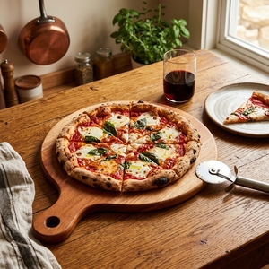 Planche à pizza ronde en teck massif naturel, planche à découper, plateau de service pour charcuterie, spatule en bois avec trou de suspension - Product Image 5