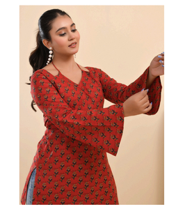 Long Sleeve Dual Neckline Short Cotton Vintage Quick Dry Summer Winter Women's Comfortable Lightweight Short <b>Kurti</b> Daily Wear - Product Image 3