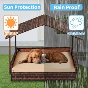 Cuccia per Cani Rialzata in Rattan di Piccole e Medie Dimensioni con Cuscino Lavabile, per Interni ed Esterni, Letto per Animali Domestici in Vimini con Baldacchino - Product Image 4