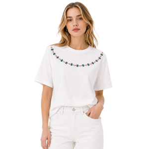 Chemise pour femme à fleurs brodées personnalisées, coupe ample, manches courtes, col rond, t-shirt décontracté en coton uni pour le printemps et l'été - Product Image 4