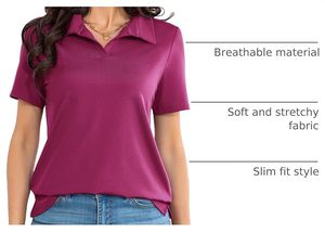 Polo à manches courtes pour femme, couleur unie, respirant, en polyester tricoté, haut décontracté - Product Image 6
