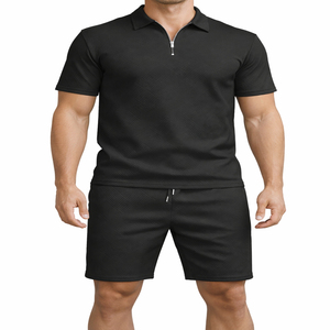 Light Weight 100% Cotton Breathable <b>Knitted</b> Solid Men's Summer Street Style Suits Two Piece Golf Polo Shirts and Shorts <b>Set</b> - Product Image 1