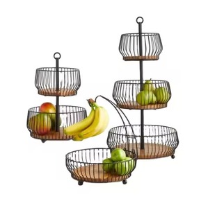 Corbeille à fruits ronde en fer noir avec base marron – Panier de rangement en métal noir – Solution de rangement pratique - Product Image 1