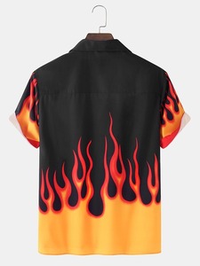 Chemise décontractée pour homme à manches courtes en tricot anti-rides, imprimé flamme, noir et jaune, en polyester popeline respirant pour l'été - Product Image 4
