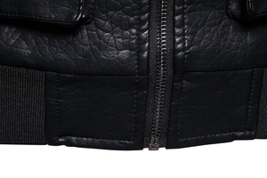 Custom Men's Black PU Leather <b>Jacket</b> Moto Biker Style Turn-down Collar <b>Zipper</b> Closure Multiple <b>Pockets</b> Autumn Wear For Unisex - Product Image 4