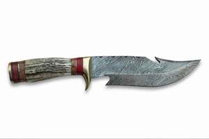 Outil utilitaire authentique avec manche en bois rouge et bois de cerf empilé, doté d'une lame fixe en acier Damas - Product Image 5
