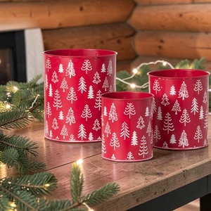 Red Metal Christmas <b>Tree</b> Pattern Decorative Containers Set of 3 Round Reusable Holiday Storage Buckets - Product Image 3