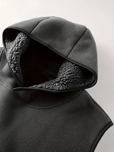 Gilet à capuche noir pour homme, doublure polaire sherpa, pull sans manches, coupe ample, boutons latéraux, avec poches, chaud pour l'hiver - Product Image 3