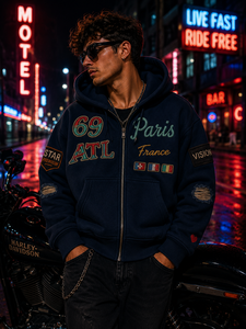 Sweat à capuche brodé pour homme en coton French Terry, coupe oversize, style streetwear décontracté, avec patchs, idéal pour l'hiver et les vacances - Product Image 4