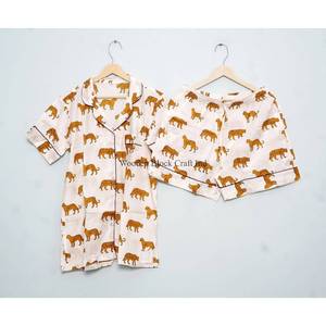 Trending Elegant <b>Modest</b> Indian Handmade 100% Cotton Pajama <b>Set</b> Breathable Digital Printed Jungle Vintage Short Night Wear Women - Product Image 3