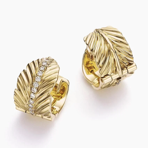 Unisex Yellow Gold Leaf Shape Diamond <b>Earrings</b> 18K <b>Solid</b> Gold Luxury Everyday Wear Brilliant Cut Lab Grown D Color IGI Certified - Product Image 1