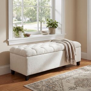 Panca Ottomana Bianca con Superficie Bouclé e Vano Contenitore, Gambe in Legno di Gomma Resistenti, Capacità 300 Libbre, Sgabello e Pouf - Product Image 2