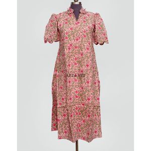 เดรสลำลองคอวีสไตล์จิงโจ้ ดีไซน์ทำมือ ลายดอกไม้ พิมพ์ลาย ตกแต่งกระดุม  สำหรับผู้หญิง เป็นมิตรต่อสิ่งแวดล้อม ซักได้ - Product Image 3