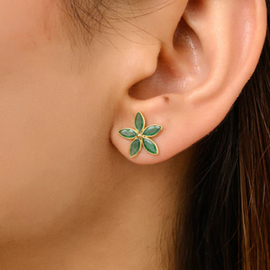 18K Gold Five Stone <b>Emerald</b> Flower <b>Stud</b> <b>Earrings</b> with Freshwater Pearl and Diamond - Product Image 1