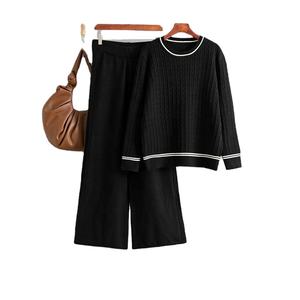 ชุดเสื้อสเวตเตอร์ถักบิดคอกลมสำหรับผู้หญิง, เสื้อสเวตเตอร์ถักสองชิ้นกางเกงขากว้างใส่สบายฤดูใบไม้ร่วง - Product Image 6
