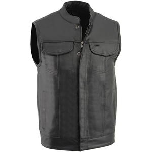 Gilet de motard en cuir véritable pour homme, col montant, fermeture éclair, style moto, vêtement d'extérieur avec poches, pour l'automne - Product Image 1