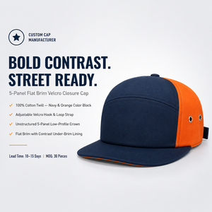 Gorra de Béisbol de Lona Unisex con Logotipo Personalizado, 5 Paneles, Cierre a Presión, Color Naranja y Azul Marino en Contraste, Estilo Urbano, Ajuste Ajustable - Product Image 4