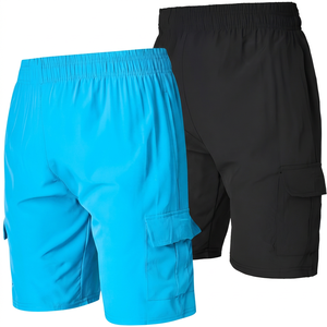 Shorts pour hommes, taille élastique, séchage rapide, couleur unie, style bermuda, décontractés, en polyester tissé - Product Image 4