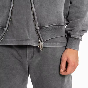 Sudadera con capucha recortada de gran tamaño lavada con ácido con apliques desgastados bordados Boxy Fit Full Zip up Plain Dyed para el invierno - Product Image 3