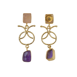 Boucles d'oreilles artisanales en laiton plaqué or avec quartz rose et améthyste, légères, en pierre naturelle, vente en gros - Product Image 6