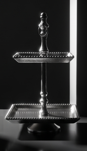 Support à gâteau carré multifonctionnel à 2 niveaux en métal argenté avec bordure perlée, plateau de service et poignée annulaire, présentoir à pâtisserie - Product Image 5