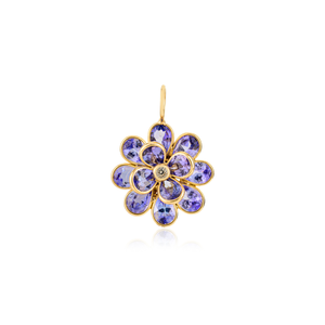 Magnifique pendentif en or jaune pur K18 de conception nouvelle, fait main, avec tanzanite et diamants en forme de fleur, bijoux de haute qualité pour femmes - Product Image 1