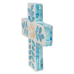 Delicado Cruz de Concha de Nácar para Decoración de Pared, Patrón de Hoja Azul, Arte de Pared de Capiz, Cruz Decorativa Colgante de Estilo Costero, Adorno para el Hogar - Product Image 2