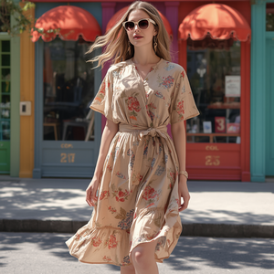 Vestido Casual de Algodón Estampado hasta la Rodilla para Mujer, Suave y Transpirable, para Uso Diario, con Personalización OEM - Product Image 3