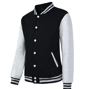 Men's Merit Sports Black White Varsity Jacket Mandarin Collar <b>Covered</b> <b>Button</b> Closure Anti-Bacterial Fleece Lining Solid Color - Product Image 5