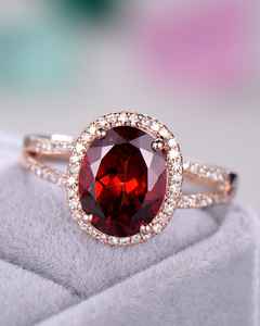 Anillo de compromiso de granate de plata 925 chapado en oro rosa de 14k con halo ovalado de circonita cúbica y tallo dividido, anillo nupcial - Product Image 1