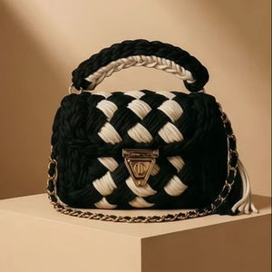 Nuevo Bolso de Hombro Boho de Lujo Hecho a Mano con Diseño Étnico de Cuadros Blancos y Negros, con Dos Correas de Perlas y Tejido de Cordón de Algodón - Product Image 1