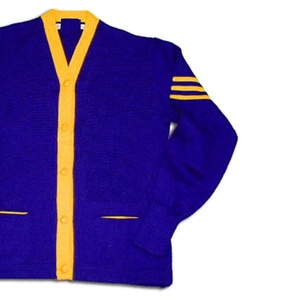 Suéter cárdigan de punto personalizado al por mayor para mujer, estilo universitario, azul y amarillo, con cuello en V, OEM, a rayas, de manga larga - Product Image 3