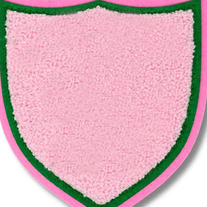 Patch thermocollant professionnel en forme de bouclier rose, sur mesure, avec bordure verte, en feutre non tissé, pour la création artisanale - Product Image 3