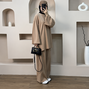 Women's Modest Oversized <b>Two</b> <b>Piece</b> Lounge Set Loose Fit Long Sleeve Top & Wide Leg Pants Matching Outfit Islamic Casual Wear - Product Image 1